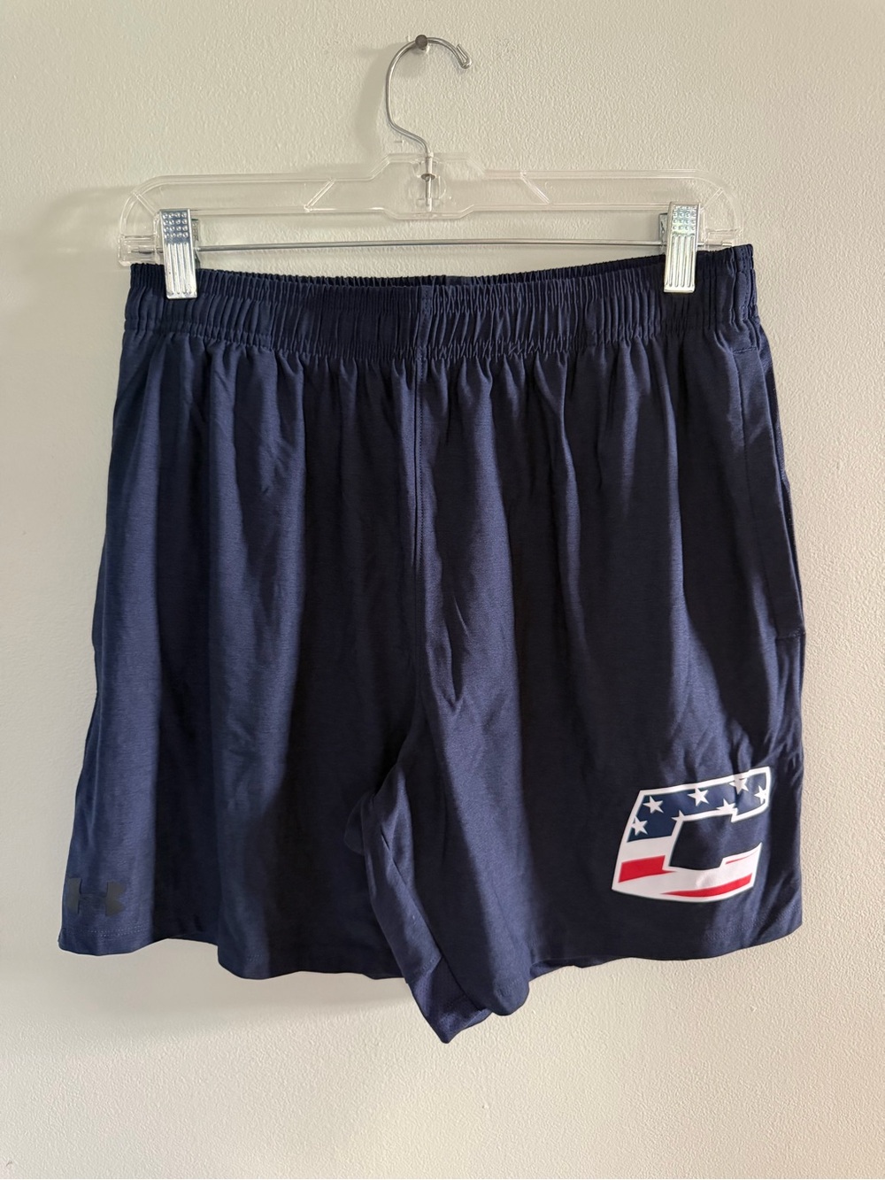 Under Armour Men's Navy Athletic Shorts with American Flag in a large C logo